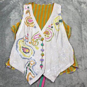 Vintage Bieff Vest Womens 10 Iridescent Sequin Paisley Striped Silk Party 90s